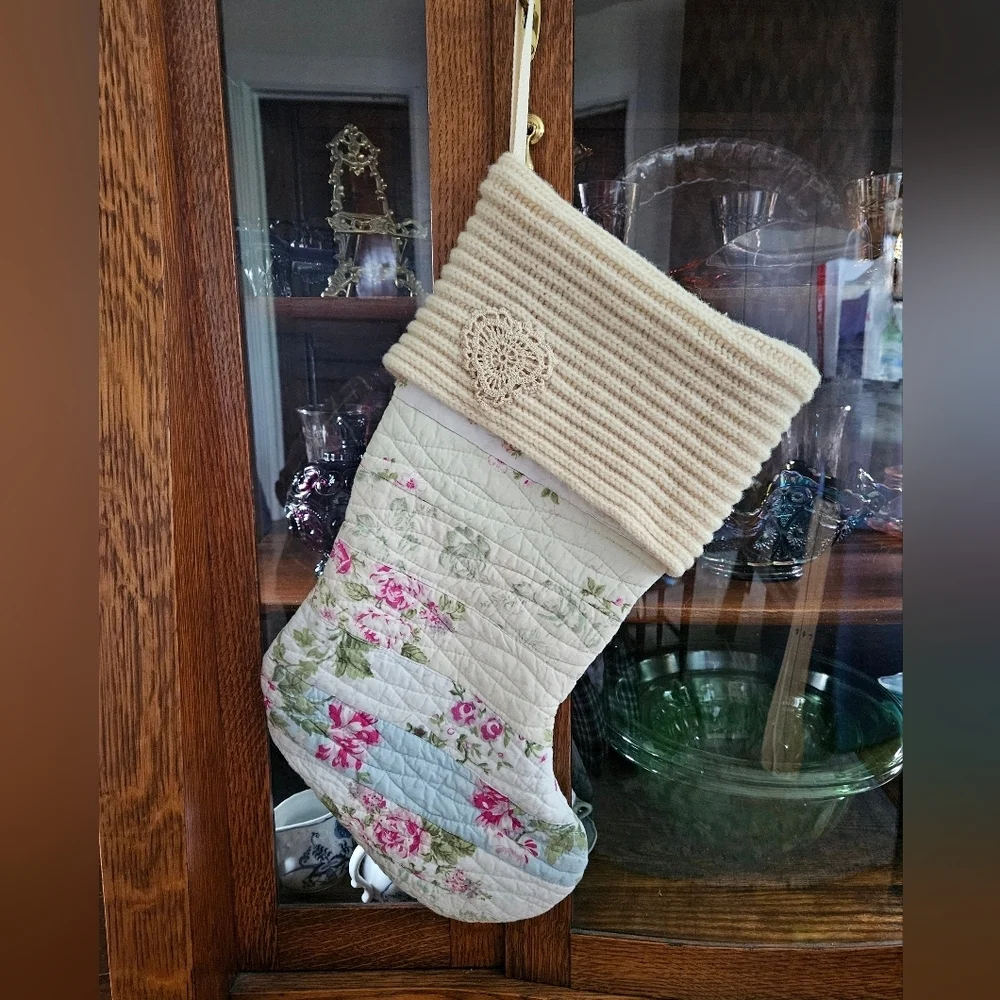 Upcycled Quilted Shabby Chic Christmas Stocking Ivory and Pink Floral